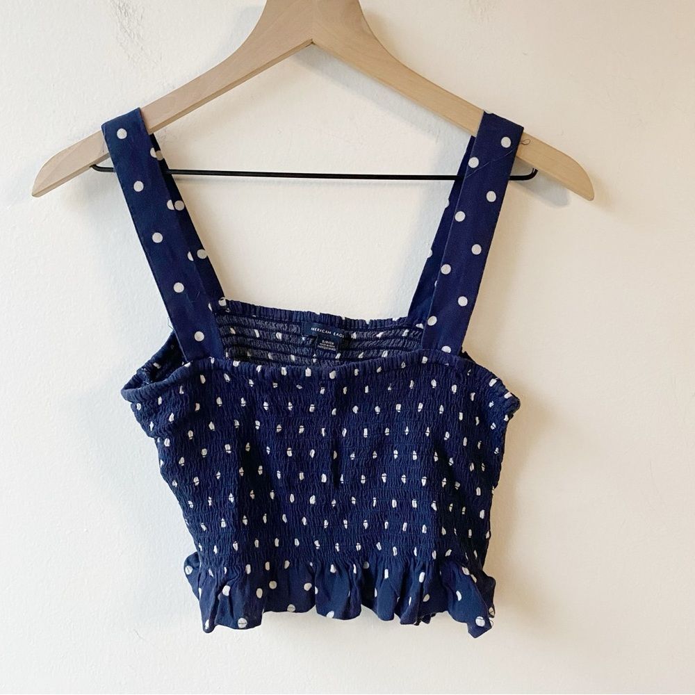 american eagle navy and white polka dot smocked tank top